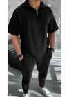 Erkek Yarım Fermuarlı Kısa kol T-Shirt - Siyah