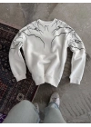 Erkek Yıldırım Baskılı Bisiklet Yaka 3 iplik pamuklu SweatShirt - Beyaz