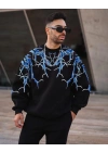 Erkek Yıldırım Baslılı Bisiklet Yaka 3 iplik pamuklu Sweatshirt - Siyah