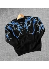 Erkek Yıldırım Baslılı Bisiklet Yaka 3 iplik pamuklu Sweatshirt - Siyah
