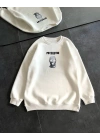 Kadın 3 iplik Kışlık Bisiklet Yaka Baskılı SweatShirt - Beyaz