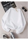 Kadın 3 İplik Pamuklu Bisikilet Yaka SweatShirt - Beyaz