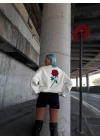 Kadın 3 iplik Pamuklu Bisiklet Yaka GÜL Baskılı SweatShirt - BeyazBeyaz