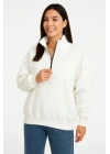 Kadın 3 İplik Pamuklu Dık Yaka Yarım Fermuarlı SweatShirt - Beyaz