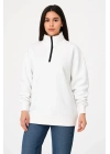 Kadın 3 İplik Pamuklu Dık Yaka Yarım Fermuarlı SweatShirt - Beyaz