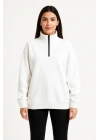 Kadın 3 İplik Pamuklu Dık Yaka Yarım Fermuarlı SweatShirt - Beyaz