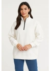 Kadın 3 İplik Pamuklu Dık Yaka Yarım Fermuarlı SweatShirt - Beyaz