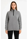 Kadın 3 İplik Pamuklu Dık Yaka Yarım Fermuarlı SweatShirt - Gri