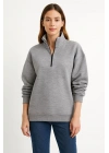 Kadın 3 İplik Pamuklu Dık Yaka Yarım Fermuarlı SweatShirt - Gri