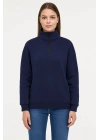 Kadın 3 İplik Pamuklu Dık Yaka Yarım Fermuarlı SweatShirt - Lacivert