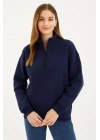 Kadın 3 İplik Pamuklu Dık Yaka Yarım Fermuarlı SweatShirt - Lacivert
