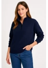 Kadın 3 İplik Pamuklu Dık Yaka Yarım Fermuarlı SweatShirt - Lacivert