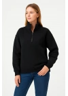 Kadın 3 İplik Pamuklu Dık Yaka Yarım Fermuarlı SweatShirt - Siyah