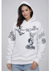 Kadın 3 İplik Pamuklu Kapüşonlu Baskılı SweatShirt hoodie - Beyaz