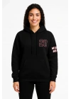 Kadın 3 İplik Pamuklu Kapüşonlu Kanguru Cepli Baskılı Hoodie Sweatshirt - Siyah