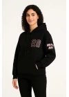 Kadın 3 İplik Pamuklu Kapüşonlu Kanguru Cepli Baskılı Hoodie Sweatshirt - Siyah