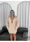 Kadın 3 İplik Pamuklu Kapüşonlu Kanguru Cepli Baskılı Oversize Hoodie Sweatshirt - Bej
