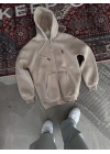 Kadın 3 İplik Pamuklu Kapüşonlu Kanguru Cepli Baskılı Oversize Hoodie Sweatshirt - Bej