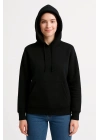 Kadın 3 İplik Pamuklu Kapüşonlu Kanguru Cepli Sweatshirt hoodie - Siyah