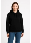 Kadın 3 İplik Pamuklu Kapüşonlu Kanguru Cepli Sweatshirt hoodie - Siyah