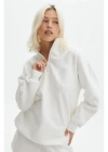 Kadın 3 İplik Pamuklu Oversize Yarım Fermuarlı Yakalı Basic Sweatshirt - Beyaz