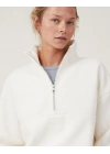 Kadın 3 İplik Pamuklu Oversize Yarım Fermuarlı Yakalı Basic Sweatshirt - Beyaz