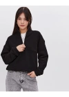 Kadın 3 İplik Pamuklu Oversize Yarım Fermuarlı Yakalı Basic Sweatshirt - Siyah