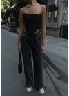 Kadın Arkadan Yırtmaçlı Jeans Kot Palazzo Pantolon - Siyah