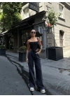 Kadın Arkadan Yırtmaçlı Jeans Kot Palazzo Pantolon - Siyah