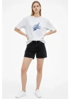 Kadın Asit Yıkamalı Oversize Tişört Bisiklet Yaka Kısa Kol T-shirt - Beyaz