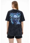 Kadın Asit Yıkamalı Oversize Tişört Bisiklet Yaka Kısa Kol T-shirt - Siyah