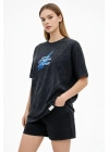 Kadın Asit Yıkamalı Oversize Tişört Bisiklet Yaka Kısa Kol T-shirt - Siyah