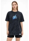 Kadın Asit Yıkamalı Oversize Tişört Bisiklet Yaka Kısa Kol T-shirt - Siyah