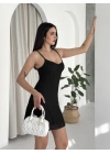 Kadın Askılı Mini Elbise Drapeli Göğüs Detay Likralı Yazlık Fit - Siyah