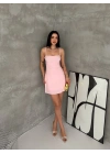 Kadın Askılı Şifon Mini Elbise Drapeli Bel Vücuda Oturan Yazlık Şık - Pembe