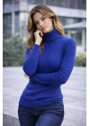Kadın Balıkçı Yaka Boğazlı Triko Kazak Kalın Fitilli Regular Fit - İndigo