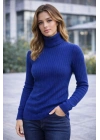 Kadın Balıkçı Yaka Boğazlı Triko Kazak Kalın Fitilli Regular Fit - İndigo