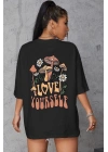 Kadın Baskılı Oversize kısa kol T-Shirt - Siyah