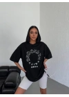Kadın Baskılı T-Shirt Kısa Kol Bisiklet Yaka Oversize Rahat Kalıp Günlük Tişört - Siyah
