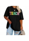 Kadın Baskılı T-Shirt Kısa Kol Bisiklet Yaka Oversize Rahat Kalıp Tişört - Siyah