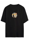 Kadın Baskılı T-Shirt Kısa Kol Bisiklet Yaka Oversize Rahat Kalıp Tişört - Siyah