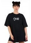 Kadın Baskılı T-Shirt Kısa Kol Bisiklet Yaka Oversize Rahat Kalıp Tişört - Siyah