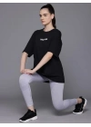 Kadın Baskılı T-Shirt Kısa Kol Bisiklet Yaka Oversize Rahat Kalıp Tişört - Siyah