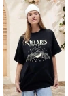Kadın Baskılı T-Shirt Kısa Kol Bisiklet Yaka Oversize Rahat Kalıp Tişört - Siyah
