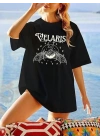 Kadın Baskılı T-Shirt Kısa Kol Bisiklet Yaka Oversize Rahat Kalıp Tişört - Siyah