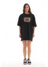 Kadın Baskılı T-Shirt Kısa Kol Bisiklet Yaka Oversize Rahat Kalıp Tişört - Siyah