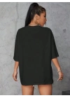Kadın Baskılı T-Shirt Kısa Kol Bisiklet Yaka Oversize Rahat Kalıp Tişört - Siyah