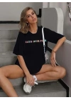 Kadın Baskılı T-Shirt Kısa Kol Bisiklet Yaka Oversize Rahat Kalıp Tişört - Siyah