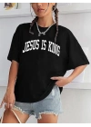 Kadın Baskılı T-Shirt Kısa Kol Bisiklet Yaka Oversize Rahat Kalıp Tişört - Siyah