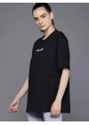 Kadın Baskılı T-Shirt Kısa Kol Bisiklet Yaka Oversize Rahat Kalıp Tişört - Siyah